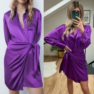 Zara purple satin tie side mini dress